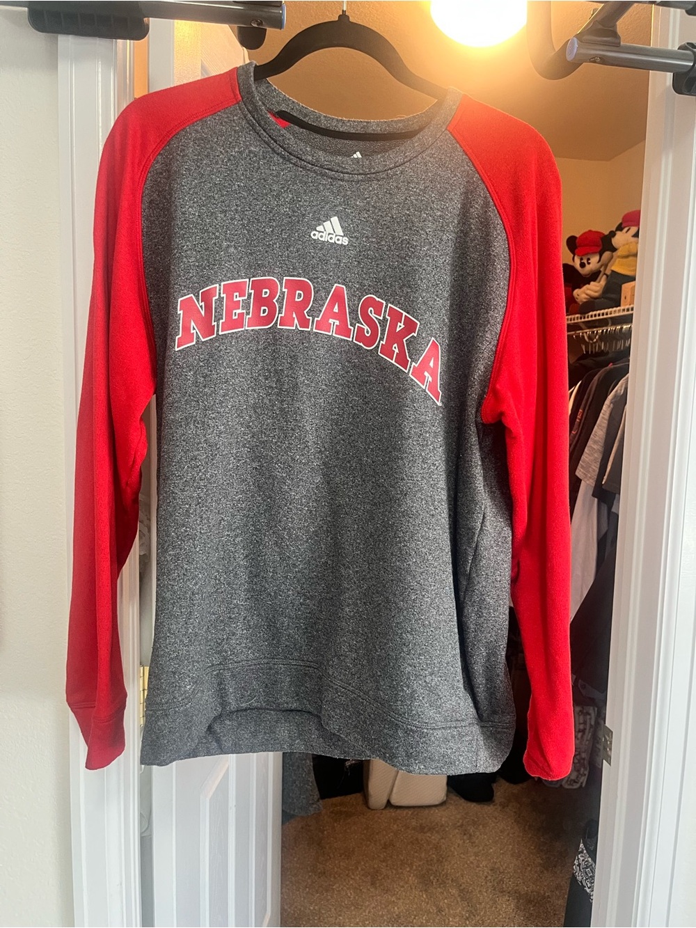 Men’s Adidas grey Nebraska Huskers crewneck long sleeve shirt